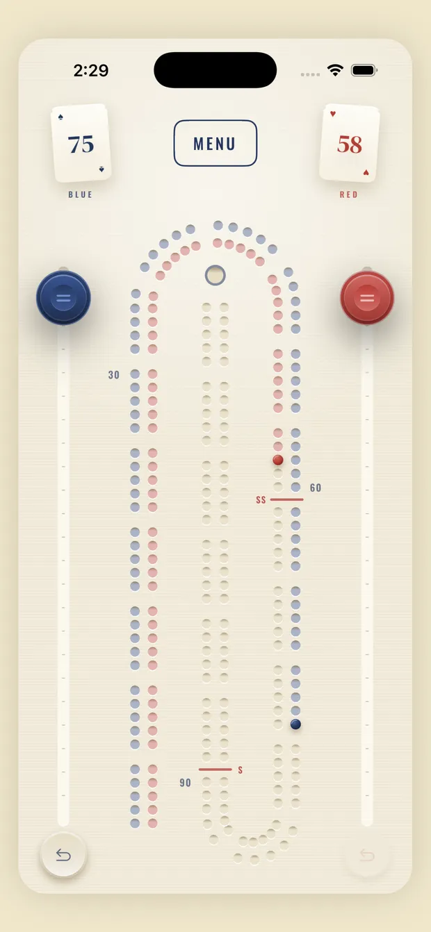 The Muggins board in the classic cream theme, blue leading 75 to 58