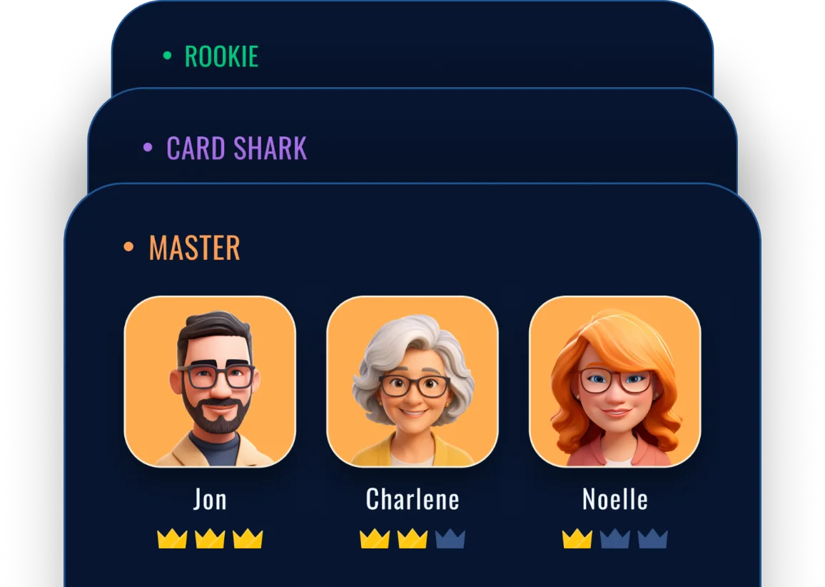The Nobs bot ladder: Rookie, Card Shark and Master tiers stacked, with three Master bots Jon, Charlene and Noelle.