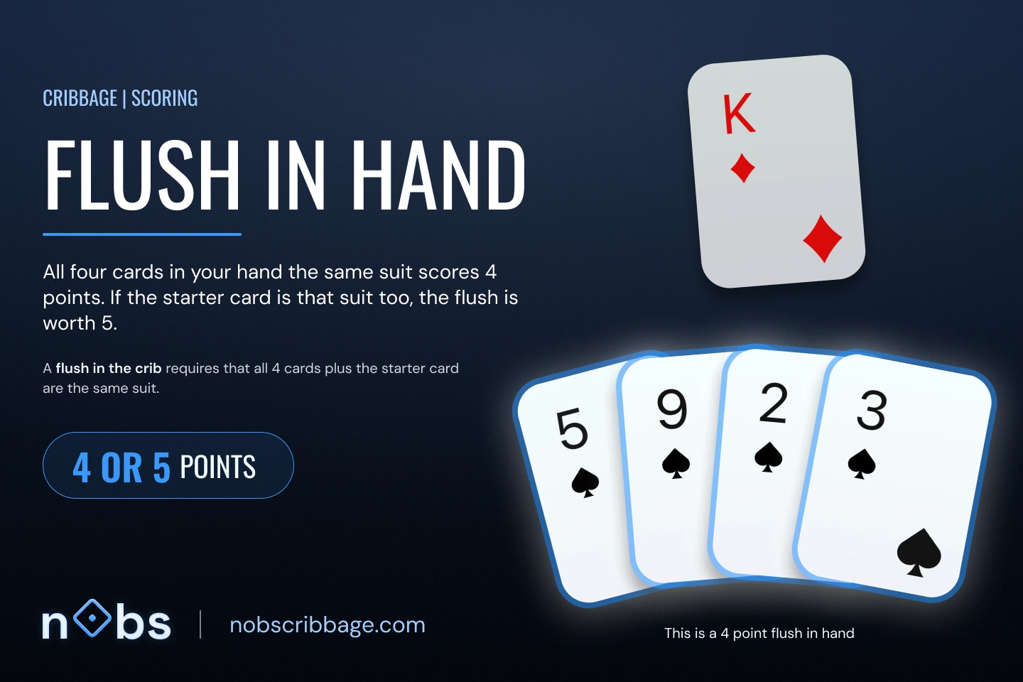 A hand of 5♠ 9♠ 2♠ 3♠ with the K♦ starter. Four spades in hand score 4 for the flush, and the off-suit starter adds nothing.